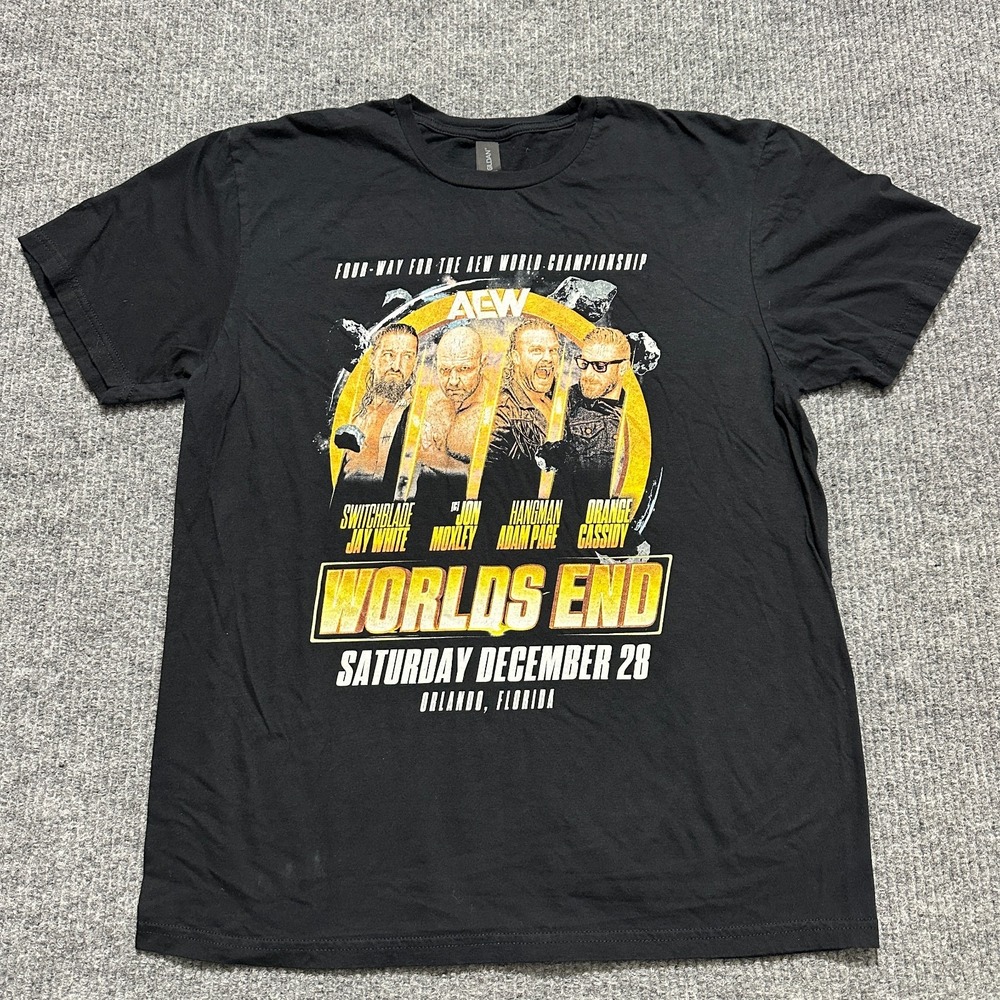 AEW Wrestling Mens T-Shirt Large Black Worlds End 4-Way Championship Graphic Tee